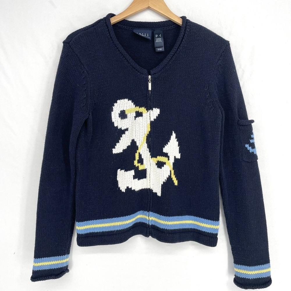Crazy Horse Heavy Sweater Blue Knit Nautical Anchor Full Zip Women's Size Small